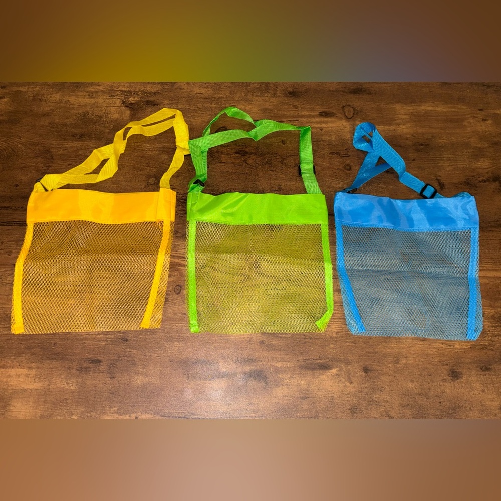 NWOT Set of Three Mesh Mini Tote Bags in Yellow, Green, and Blue